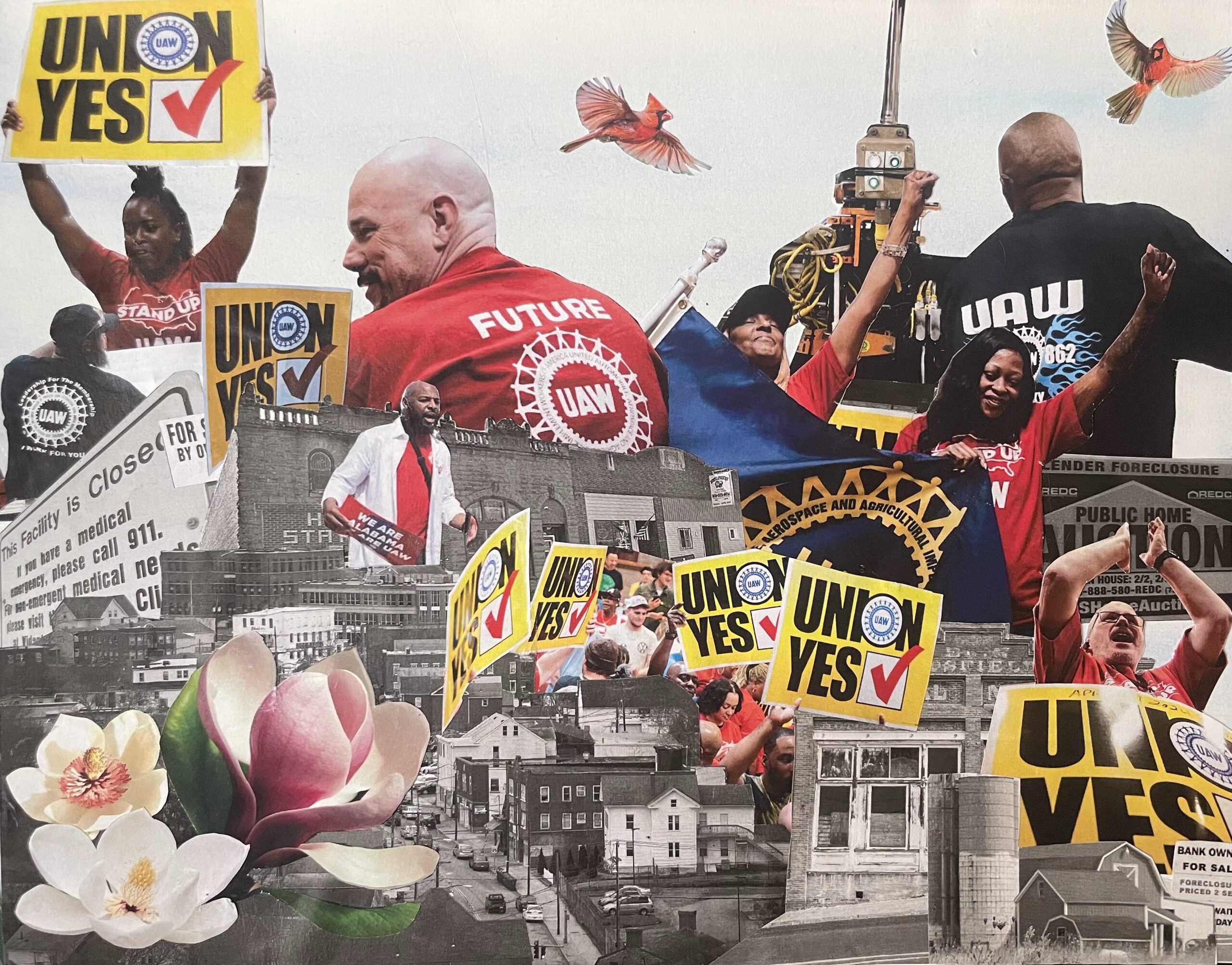 The image is a collage of colored photos of UAW Black and white workers, holding signs that say ‘UNION YES’, mixed in with black and white photos of buildings in what appears as a rural town. One clipped photo is of a sign that says ‘This Facility is CLOSED.’ There are smaller cut outs of flowers and cardinal birds in the bottom left corner and the upper right corner. Another cut out is of a white man wearing a red shirt that on the back says ‘FUTURE’ and the UAW wheel.