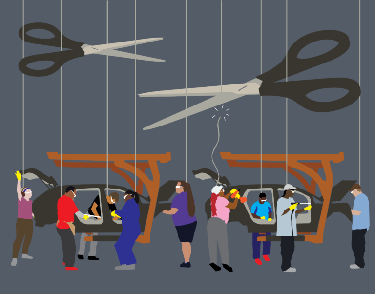 An illustration with workers on an assembly line making cars, with large scissors snipping lines that are keeping them connected from above