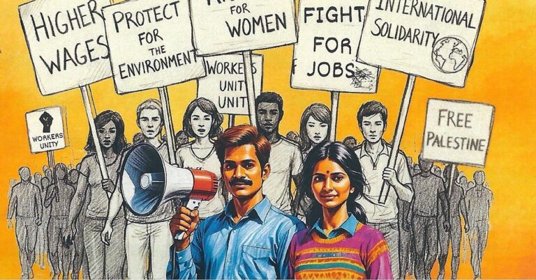 A graphic from the IAC Pune Conference flier depicting an Indian man and woman worker. The man is holding a megaphone and there are other workers holding protest signs like "higher wages" and " equal rights for women" in the background.