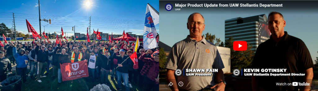 In October 2025, Unifor Local 1285 rallied to save Brampton jobs (left), as UAW President Shawn Fain and Stellantis Department Director Kevin Gotinsky celebrate Stellantis’ decision to move the Jeep Compass from Brampton to Belvidere (right).