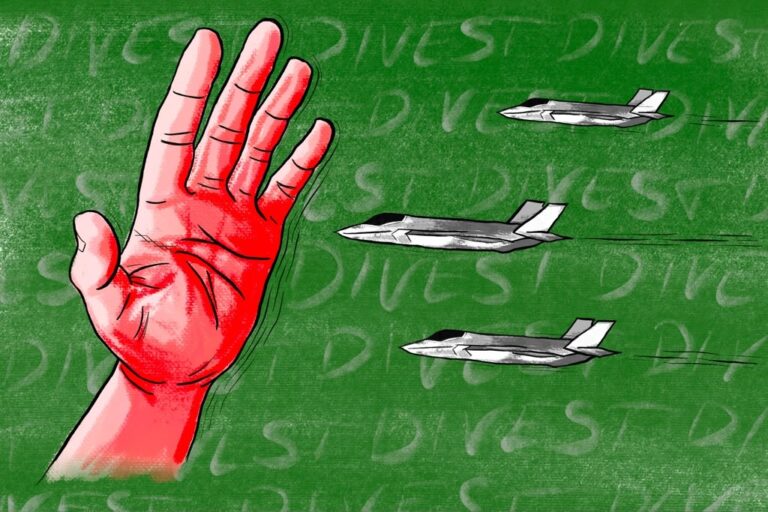 A large hand halts three jets in flight. The words divest is written behind on a green background