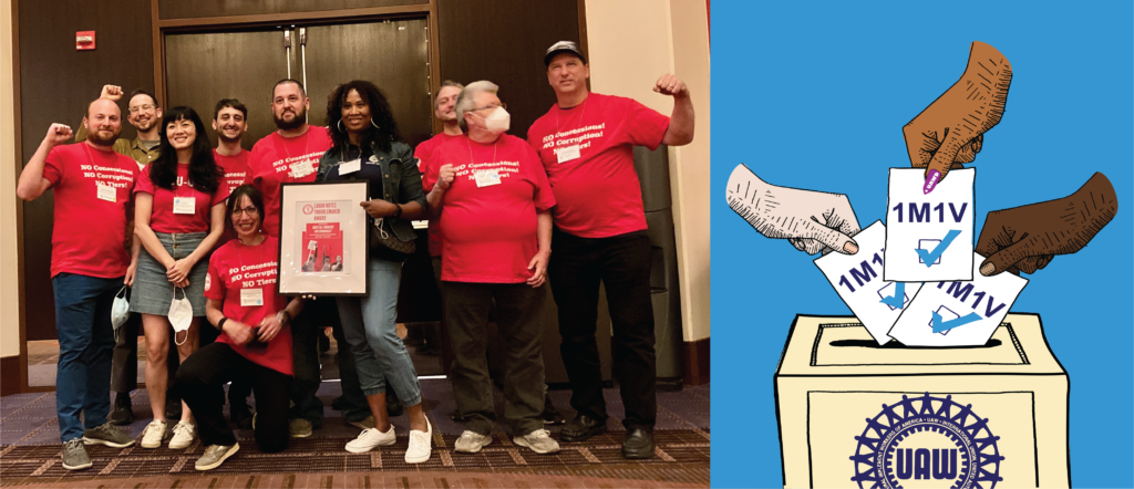 The image is a combined one of a photo with a logo. The photo on the left captures a group of people wearing red shirts that say ‘No Concessions! No Corruption! No Tiers!’. Most of the people have their hands raised as a power fist. The logo on the right shows three hands of different races placing ballots that say ‘1M1V’ with a checked box into a ballot box with the UAW logo on it.