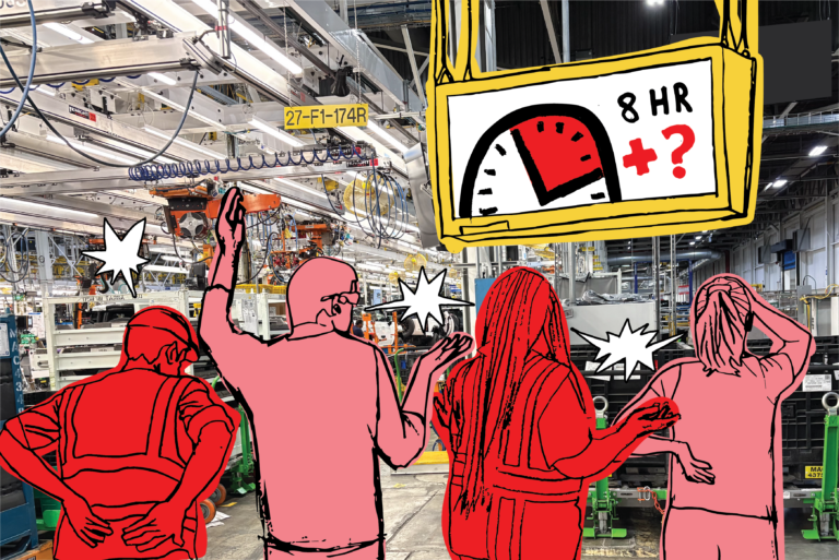 Angry manufacturing workers stand in an assembly plant watching a board where an unknown amount of overtime is being posted
