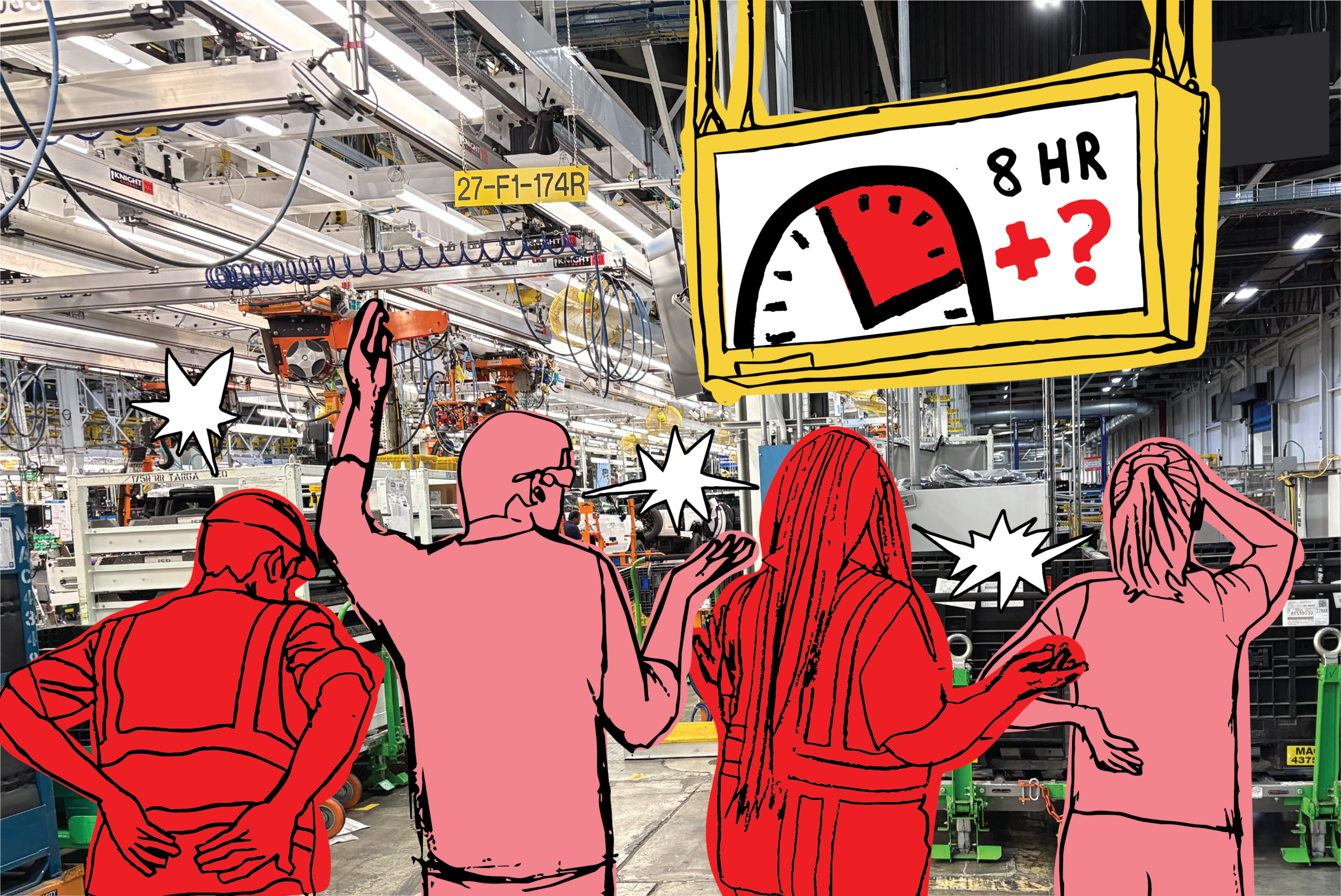 Angry manufacturing workers stand in an assembly plant watching a board where an unknown amount of overtime is being posted