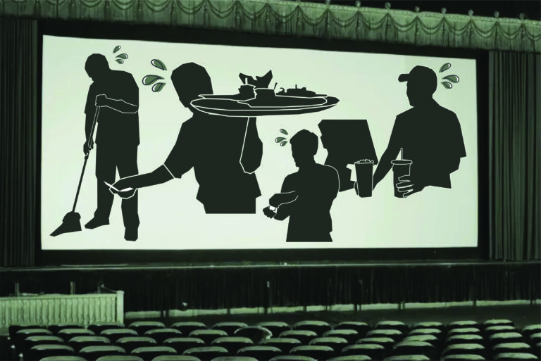 Silhouettes of workers struggling with theater work, shown on a screen in a movie theater