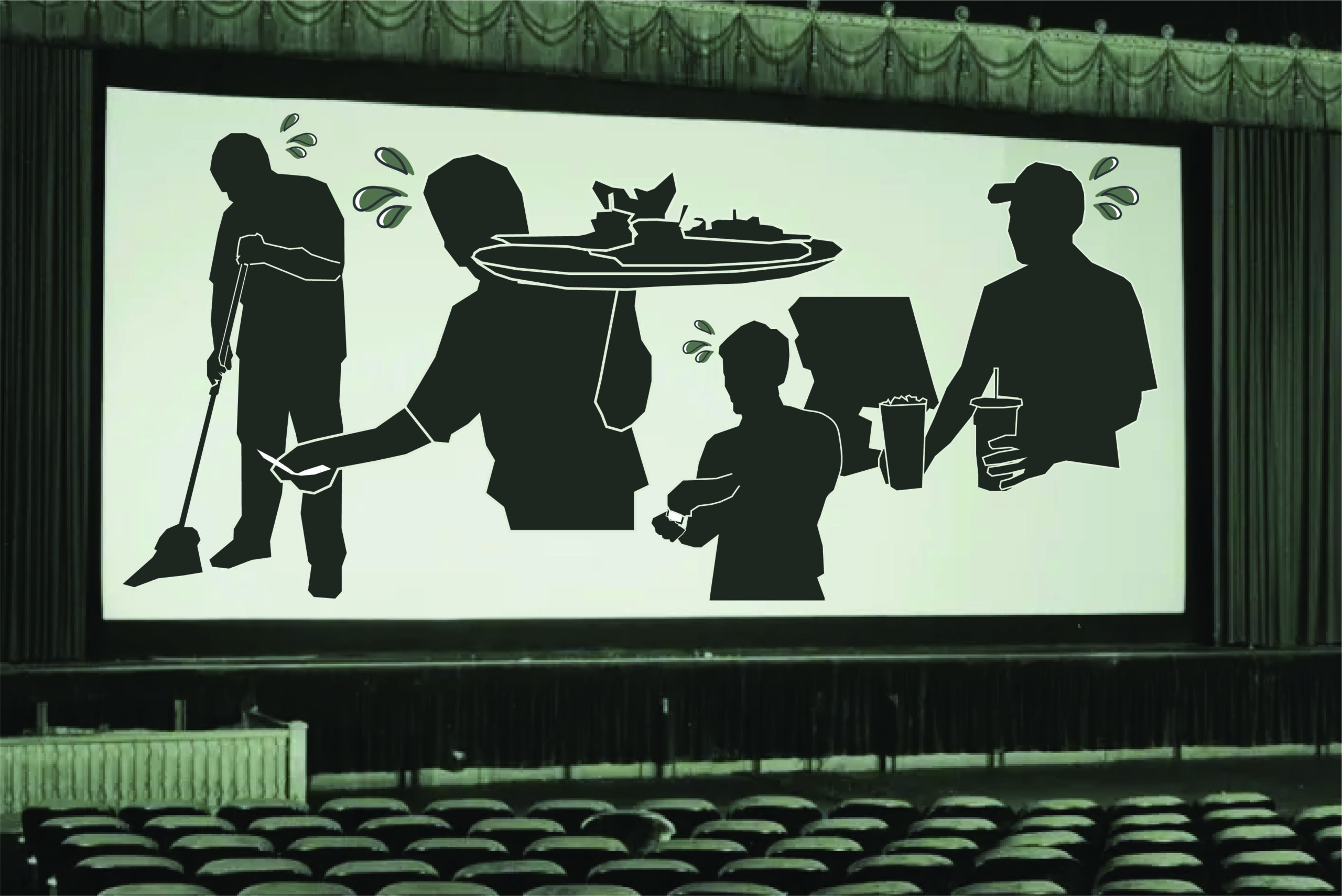 Silhouettes of workers struggling with theater work, shown on a screen in a movie theater
